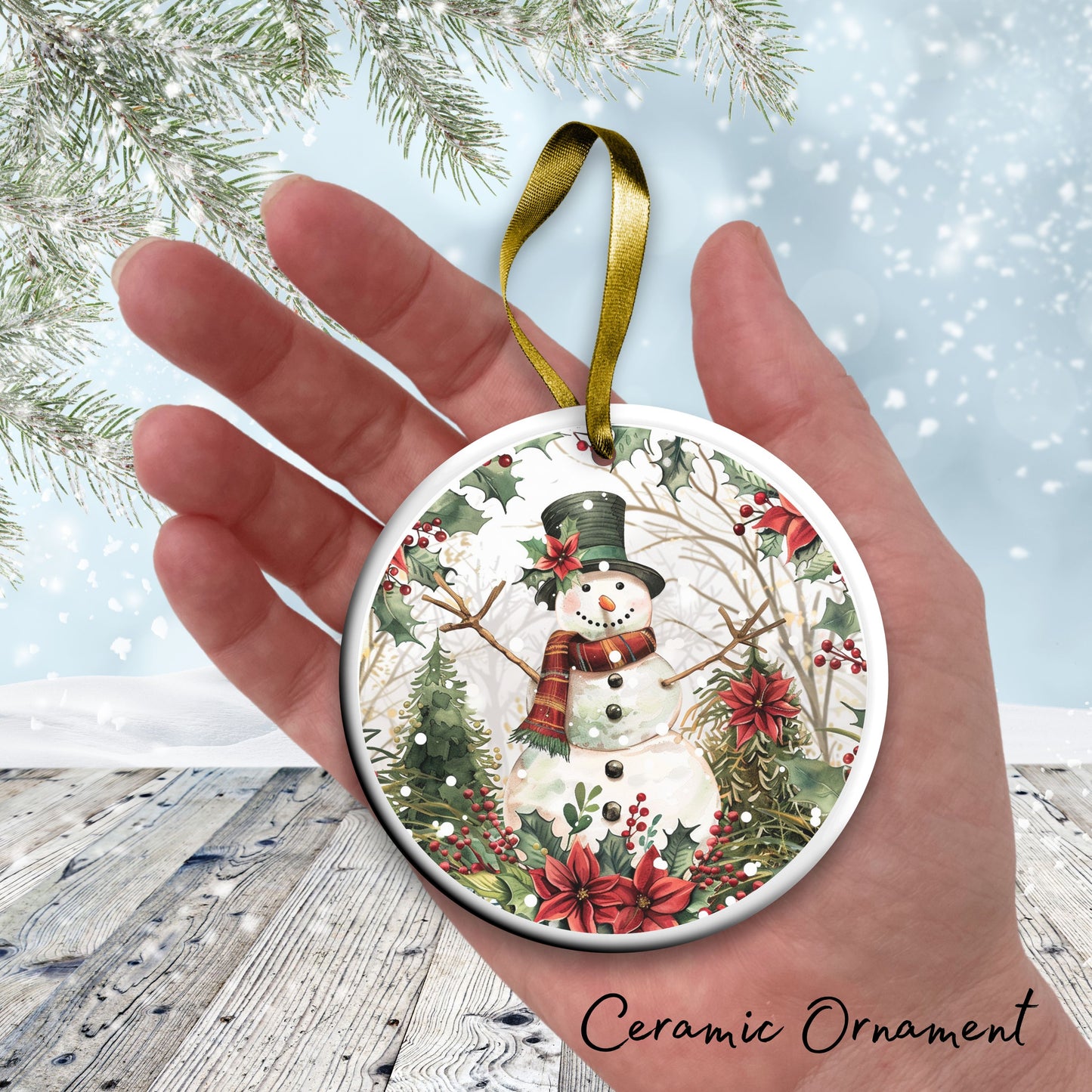 Retro Snowman Watercolor Ceramic Ornament 151-62
