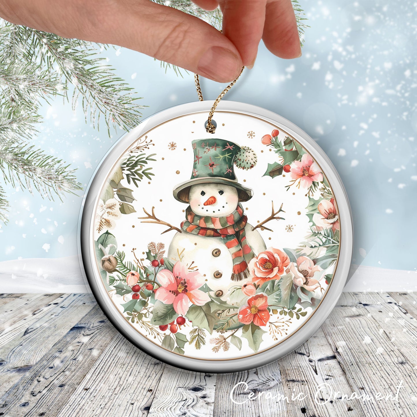 Retro Snowman Watercolor Ceramic Ornament 151-89