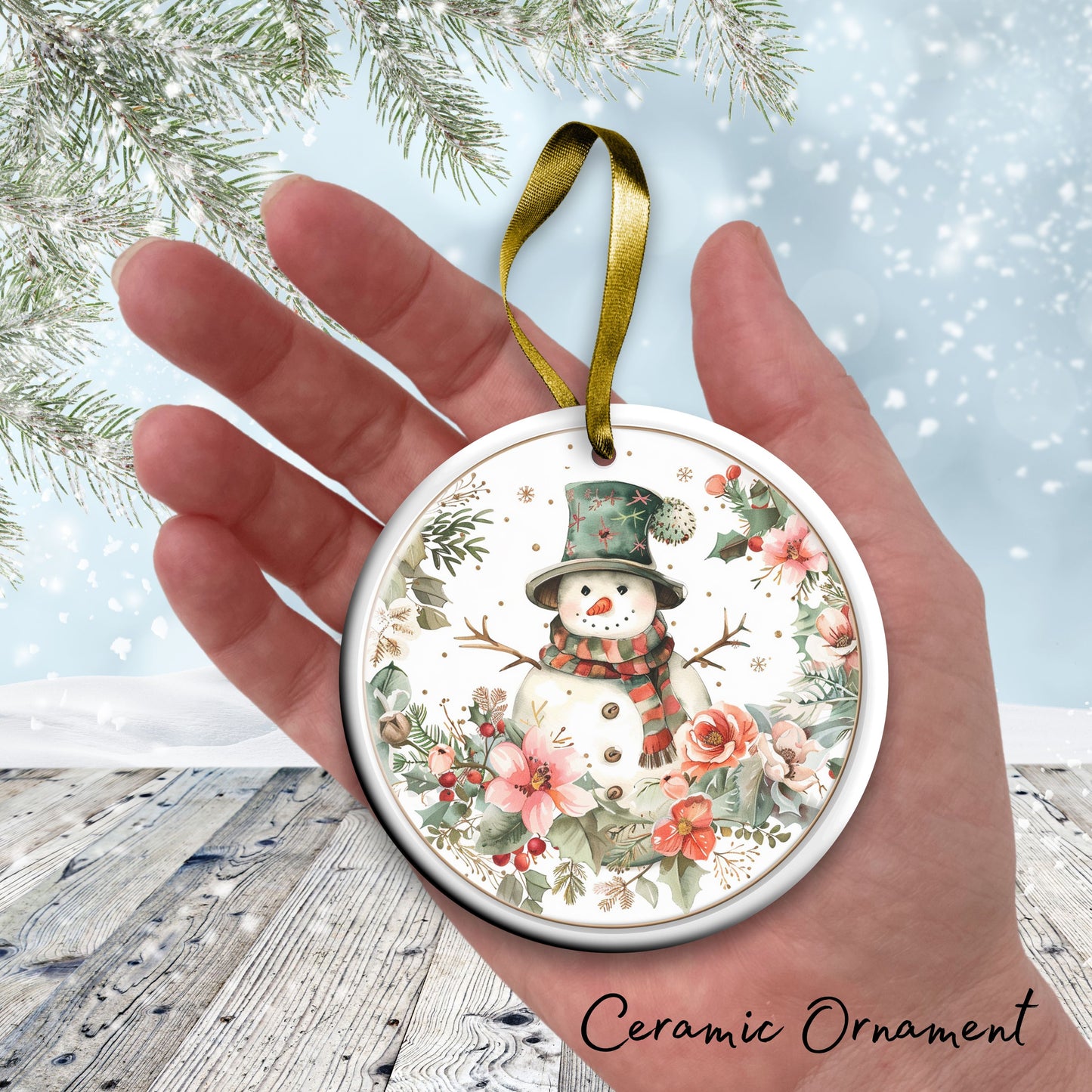 Retro Snowman Watercolor Ceramic Ornament 151-89