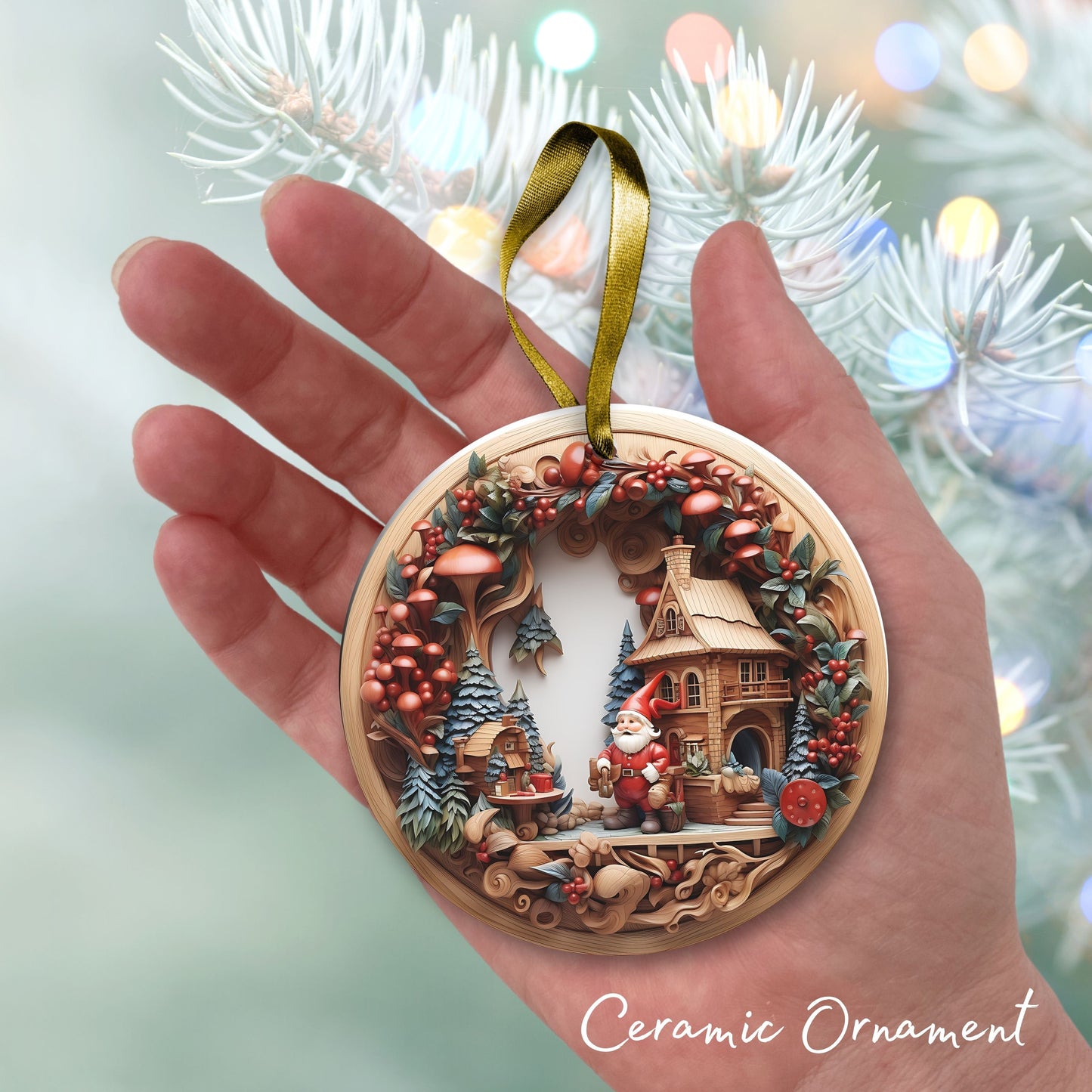 Whimsical Gnome Christmas Ceramic Ornament 70-09
