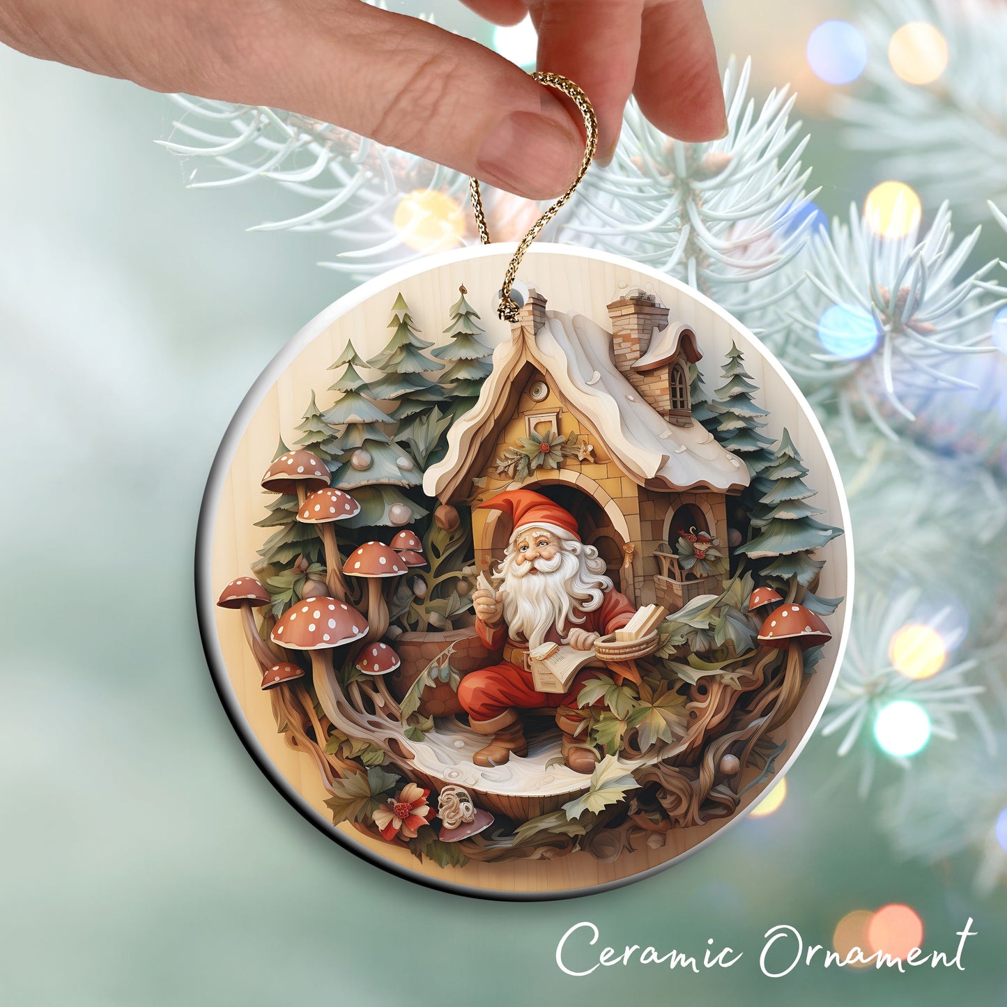 Whimsical Gnome Christmas Ceramic Ornament 70-17