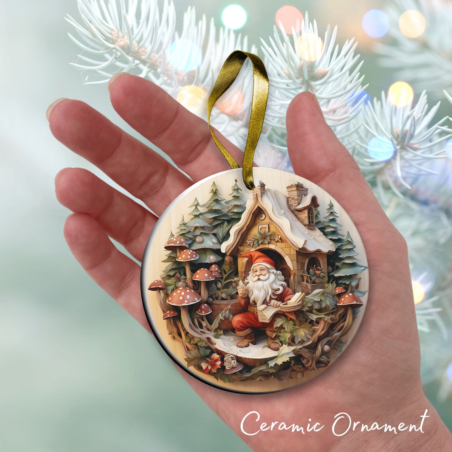 Whimsical Gnome Christmas Ceramic Ornament 70-17