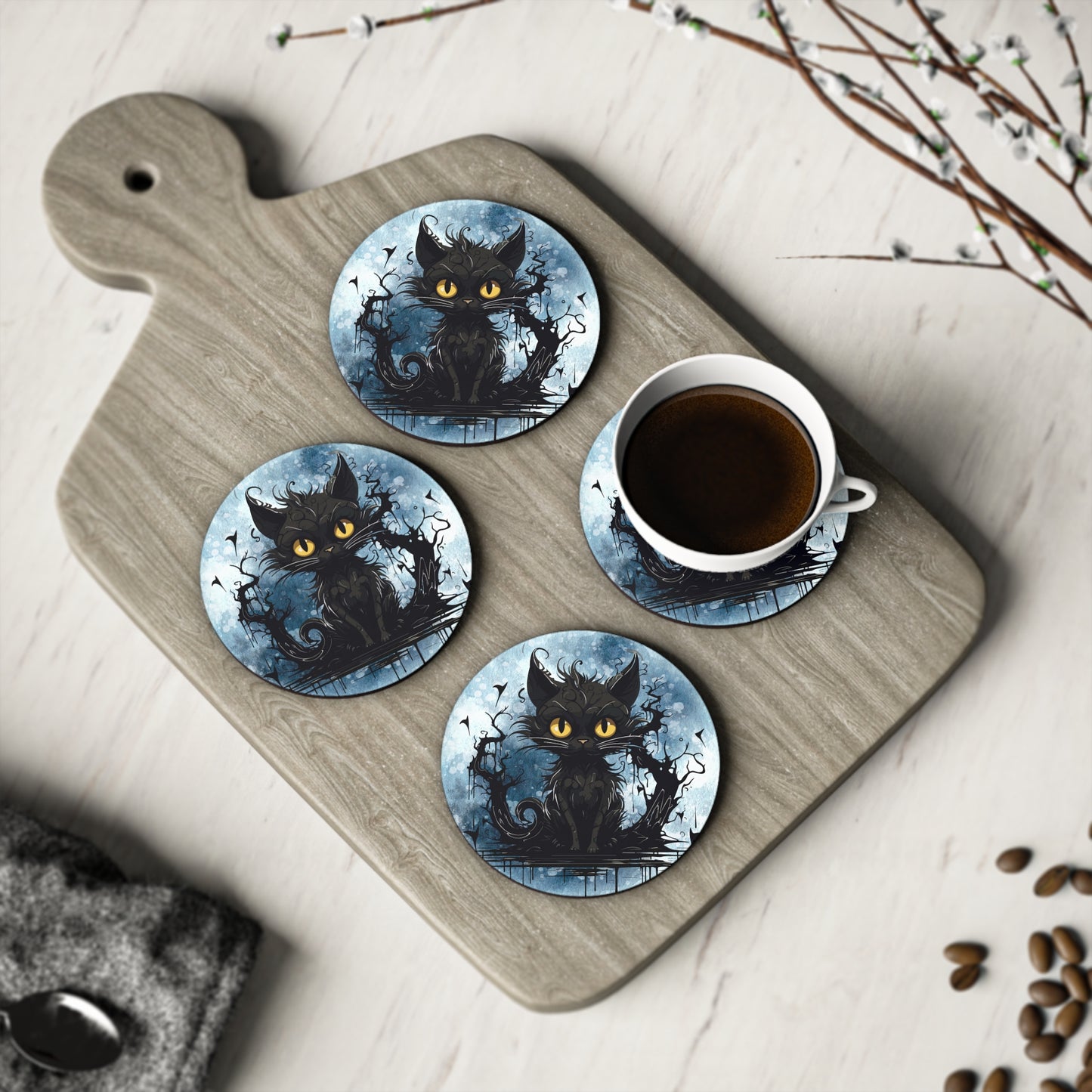 Halloween Black Cat Round Coaster