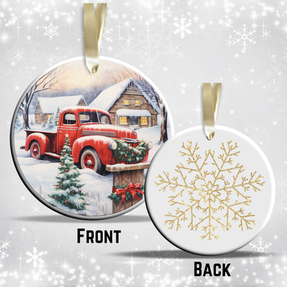 Vintage Farm Red Truck Christmas Ceramic Ornament 01-28