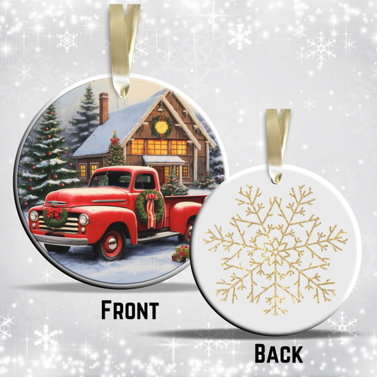 Vintage Farm Red Truck Christmas Ceramic Ornament 01-27