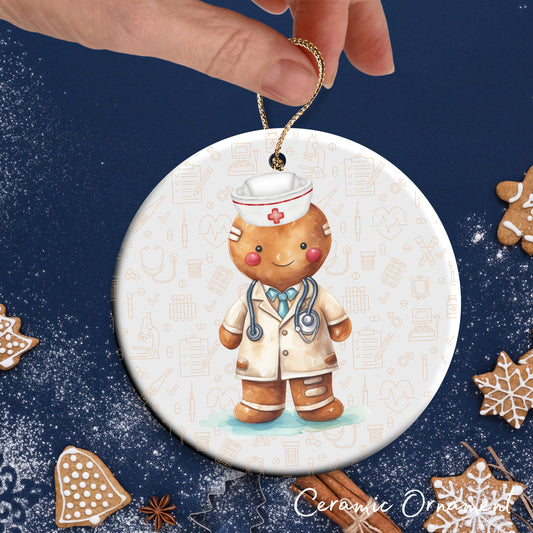Watercolor Gingerbread Nurse Ceramic Christmas Ornament 72-03