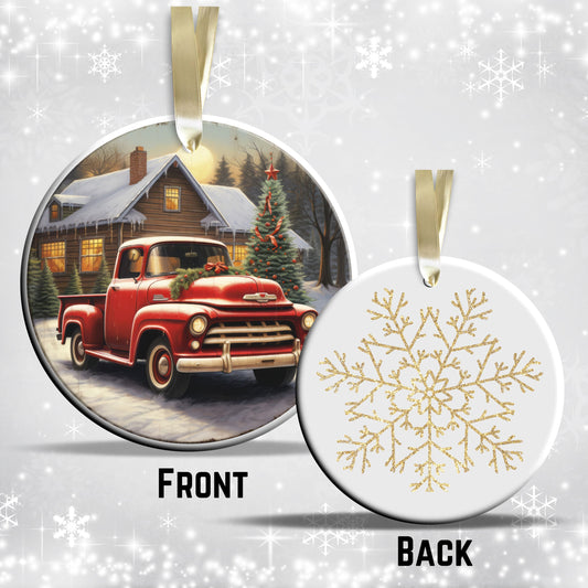 Vintage Farm Red Truck Christmas Ceramic Ornament 01-26