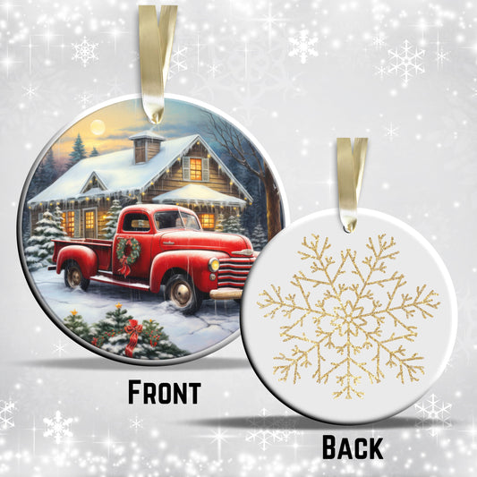 Vintage Farm Red Truck Christmas Ceramic Ornament 01-24