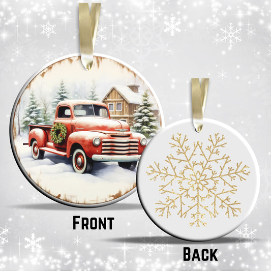 Vintage Farm Red Truck Christmas Ceramic Ornament 01-23