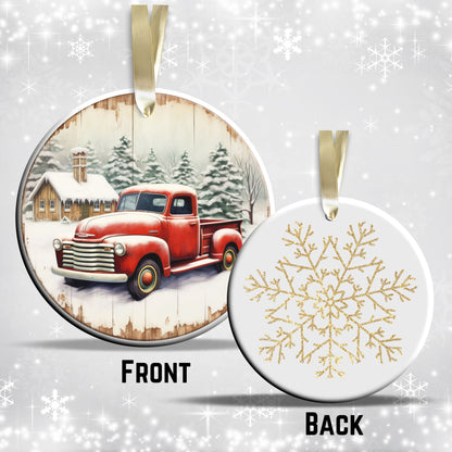 Vintage Farm Red Truck Christmas Ceramic Ornament 01-22