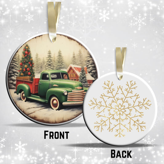 Vintage Farm Red Truck Christmas Ceramic Ornament 01-18