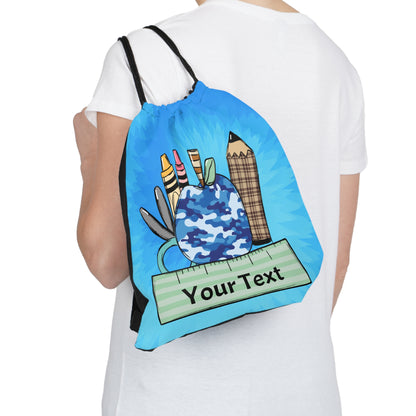 Back to School Personalized Kids Name Outdoor Drawstring Bag Blue Army Apple