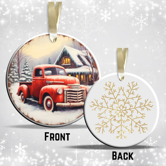 Vintage Farm Red Truck Christmas Ceramic Ornament 01-17