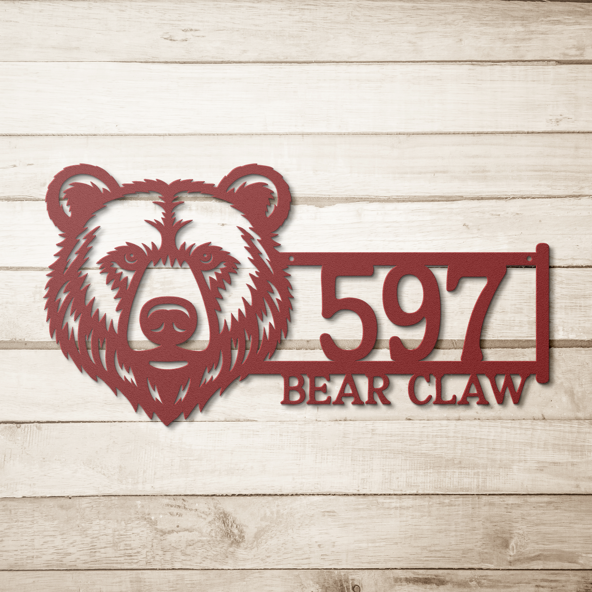 Bear_Face_Address_Metal_Sign_Red_Simple_Wood_BKGD_Mockup.png