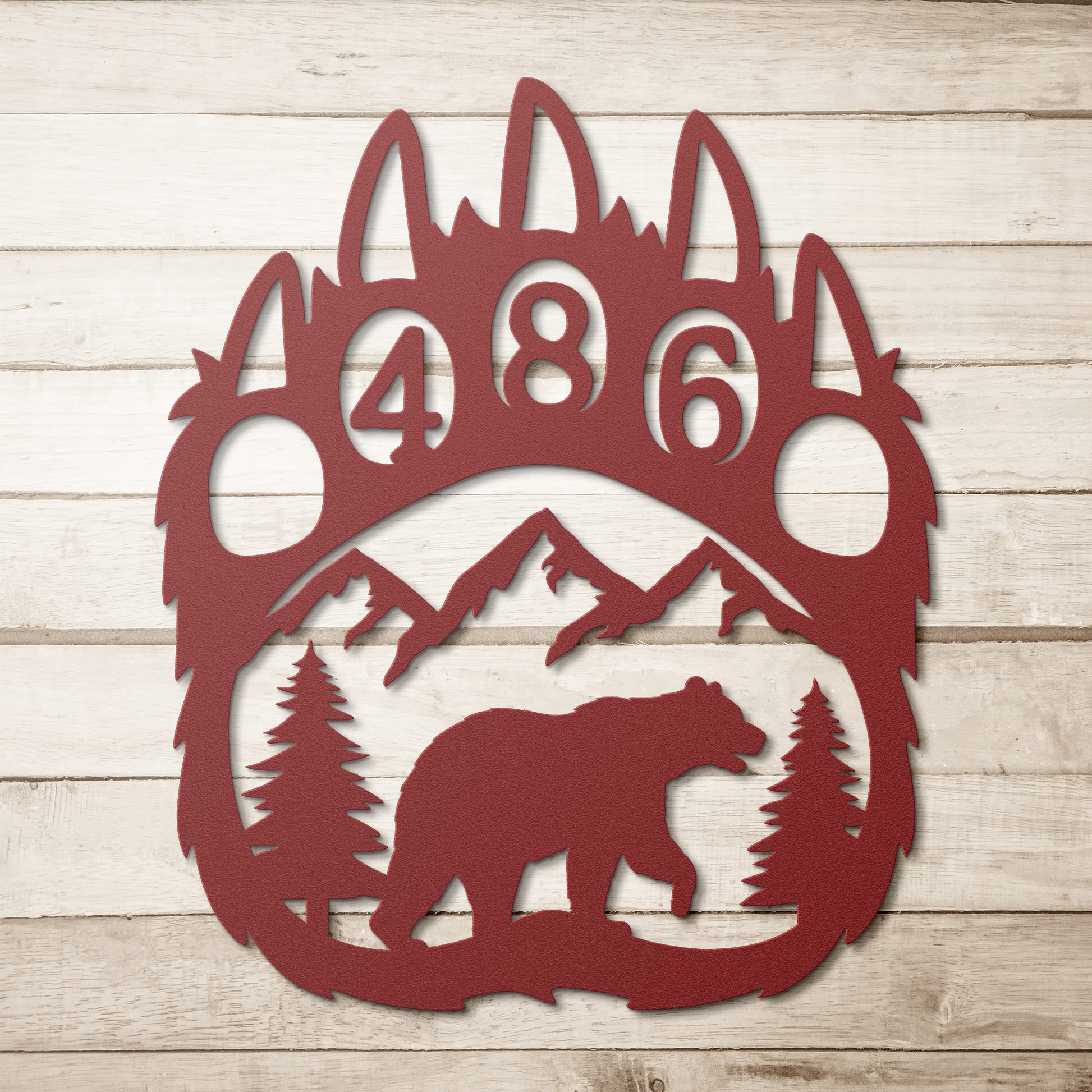 Bear_Paw_Metal_Address_Sign_Red_Simple_Wood_BKGD_Mockup.png