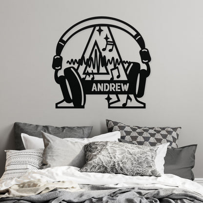 Personalized Headphones Monogram Letter A - Metal Sign