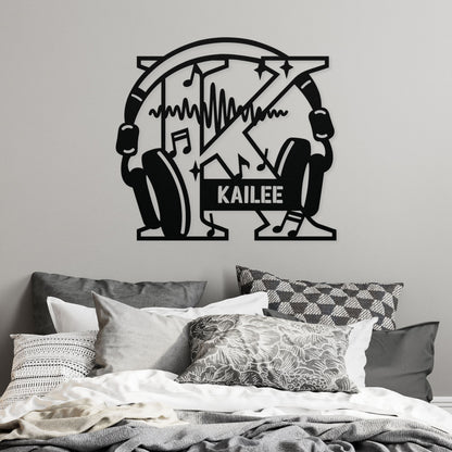 Personalized Headphones Monogram Letter K - Metal Sign
