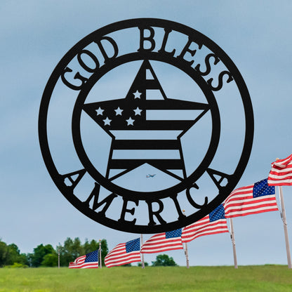 God Bless America with Star Flag Metal Sign