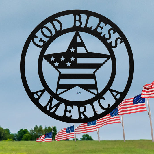 God Bless America with Star Flag Metal Sign