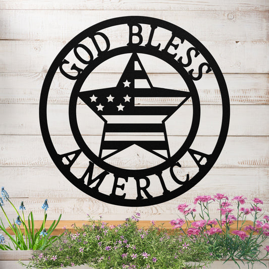 God Bless America with Star Flag Metal Sign