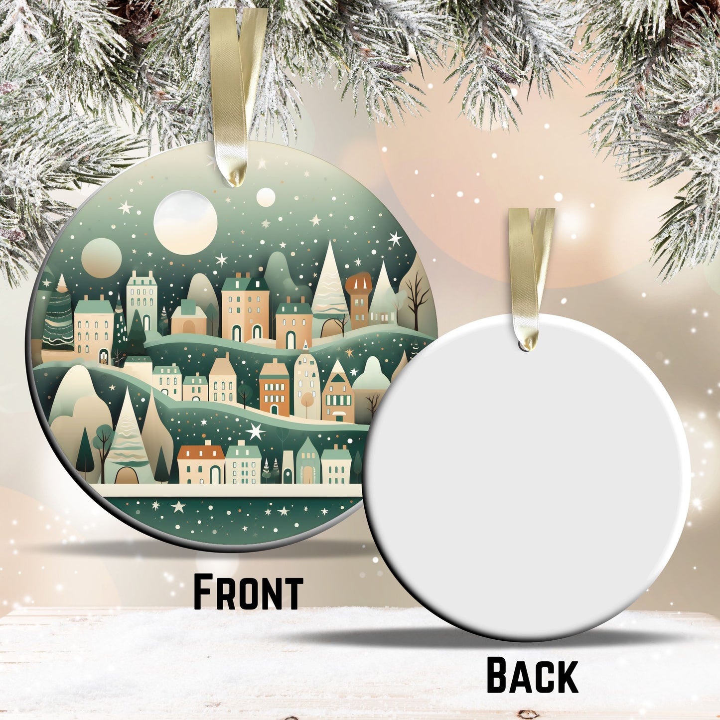 Nordic Watercolor Christmas Ceramic Ornament 43-20 Xmas Village