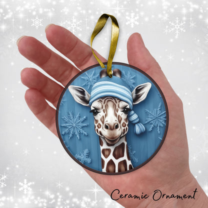 Blue Giraffe Christmas Ceramic Ornament