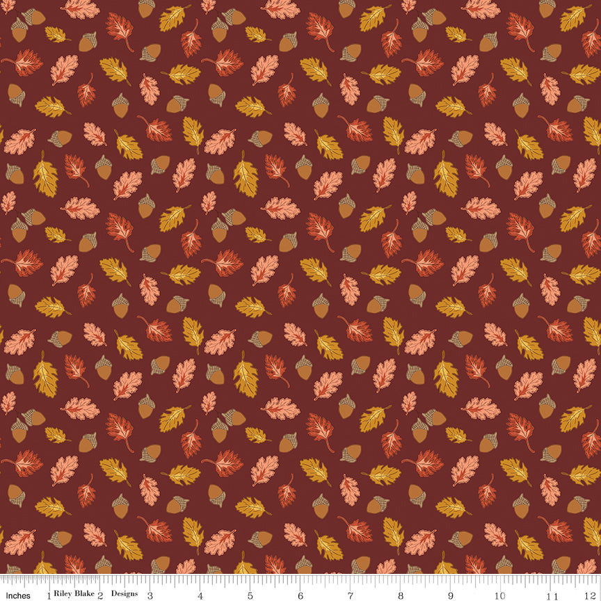 Cozy Autumn Acorns & Oak Leaves Dark Rust