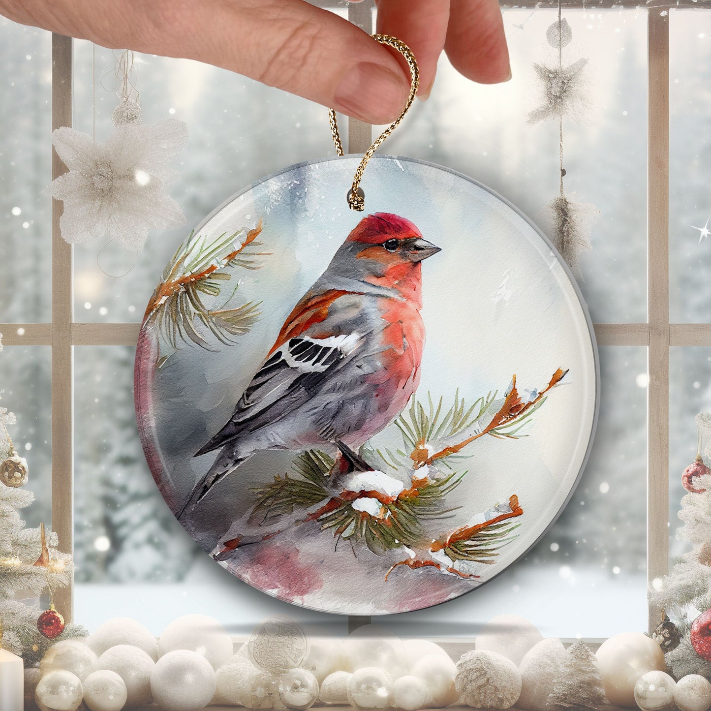 Handcrafted Christmas Pine Grosbeak Bird Ornament
