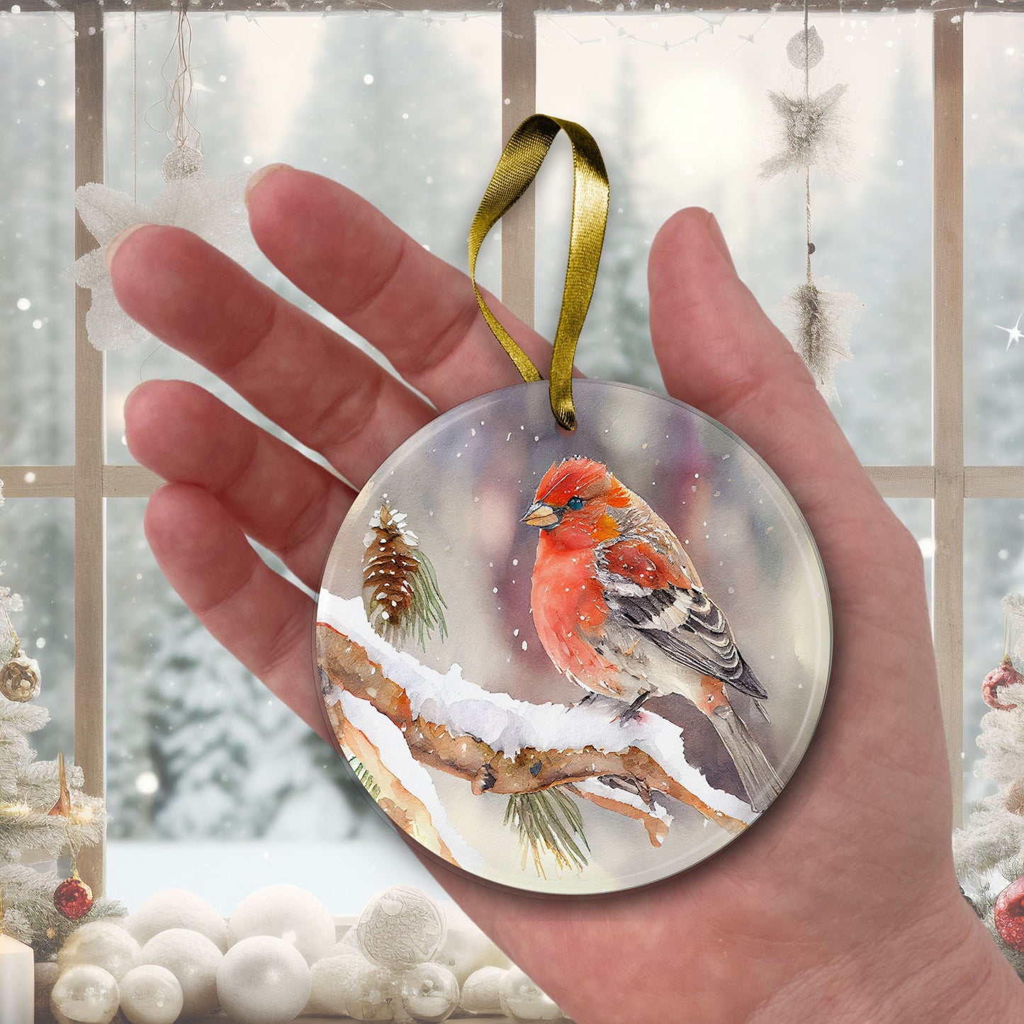 Handcrafted Christmas Pine Grosbeak Bird Ornament