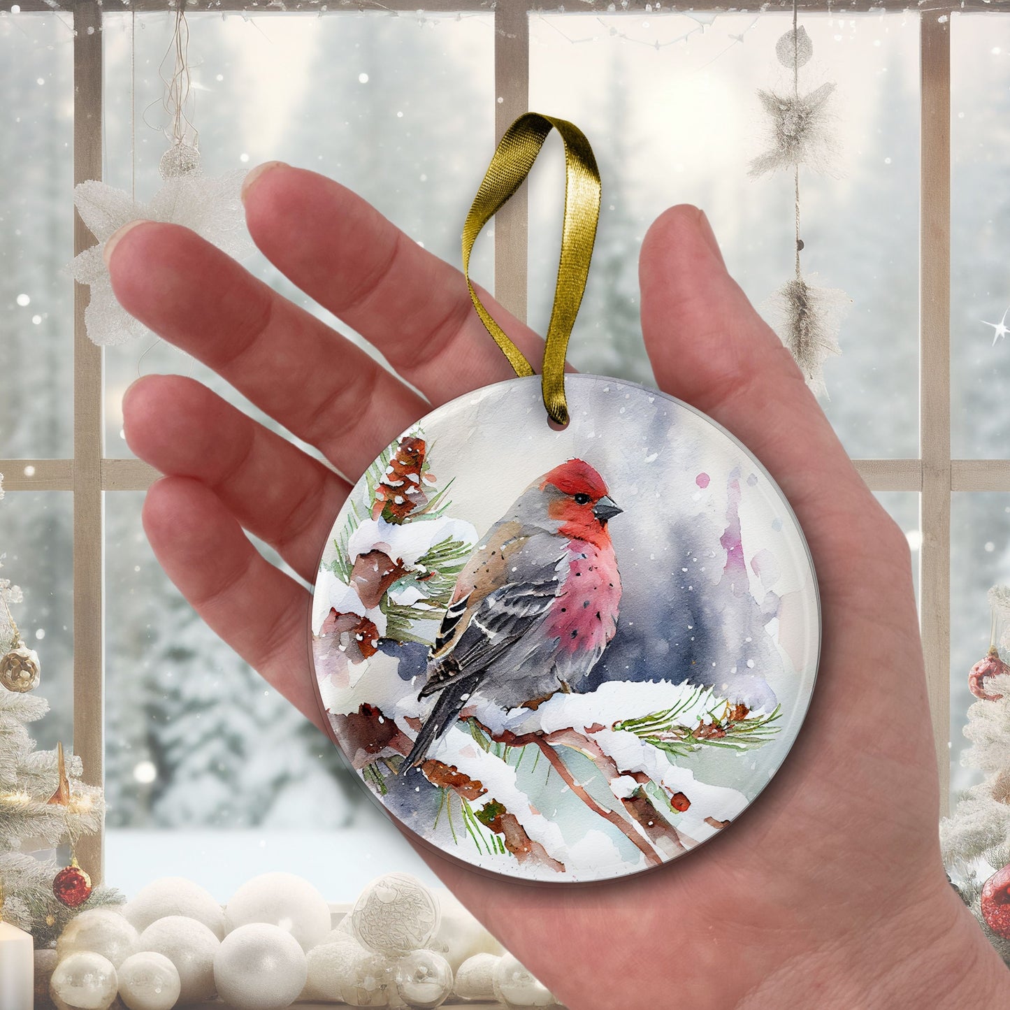 Handcrafted Christmas Pine Grosbeak Bird Ornament