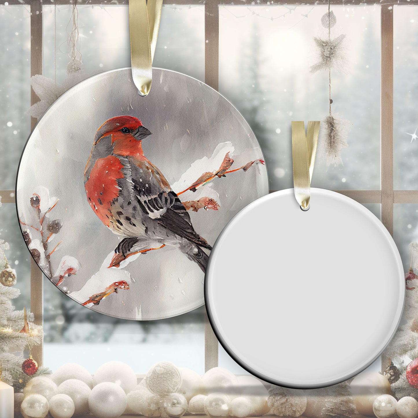 Handcrafted Christmas Pine Grosbeak Bird Ornament