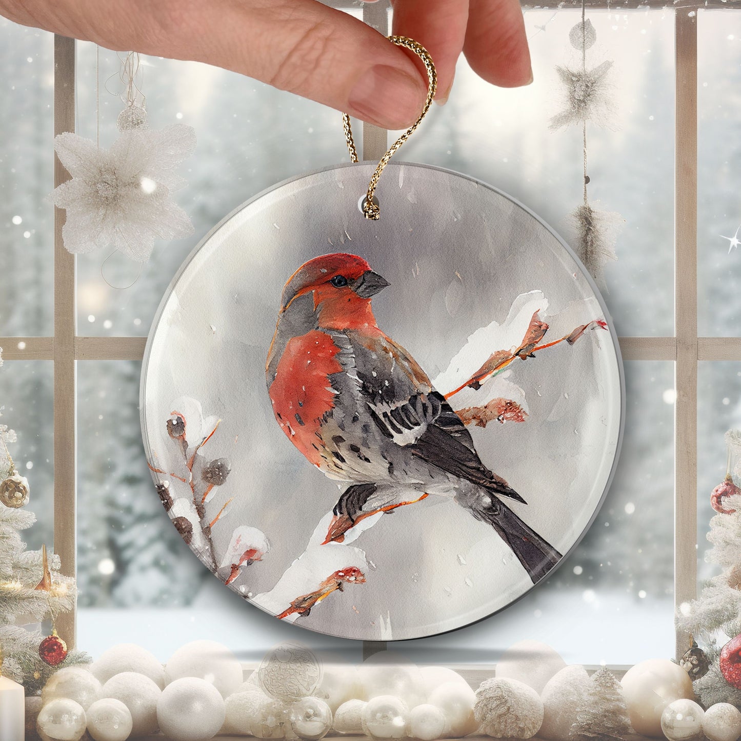 Handcrafted Christmas Pine Grosbeak Bird Ornament