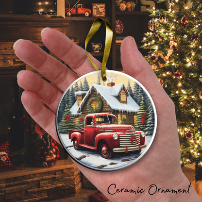 Vintage Farm Red Truck Christmas Ceramic Ornament 01-08