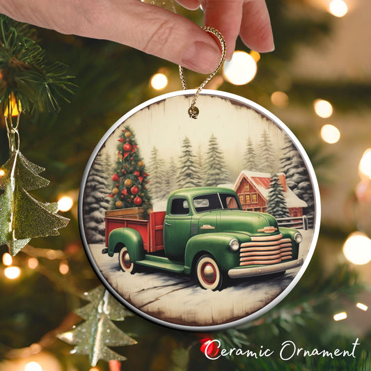 Vintage Farm Red Truck Christmas Ceramic Ornament 01-18