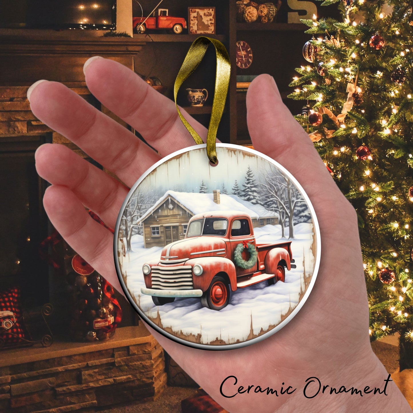 Vintage Farm Red Truck Christmas Ceramic Ornament 01-20