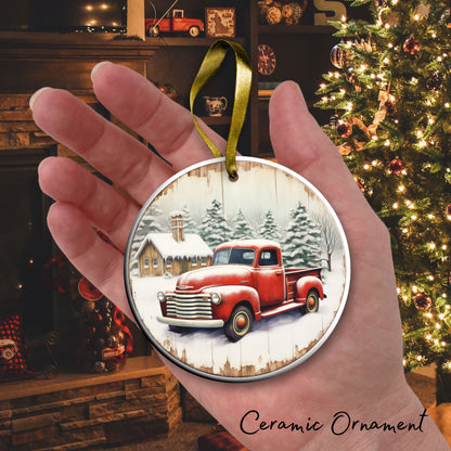 Vintage Farm Red Truck Christmas Ceramic Ornament 01-22