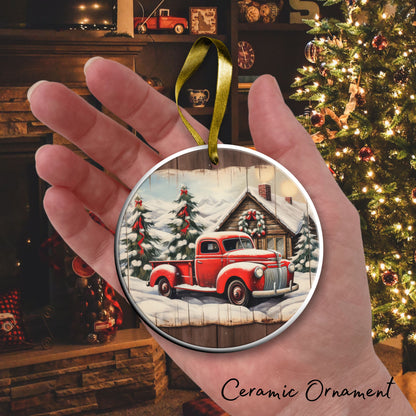 Vintage Farm Red Truck Christmas Ceramic Ornament 01-25