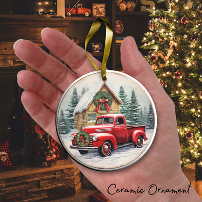 Vintage Farm Red Truck Christmas Ceramic Ornament 01-30