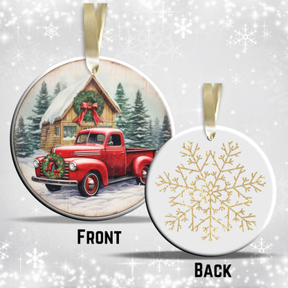 Vintage Farm Red Truck Christmas Ceramic Ornament 01-30