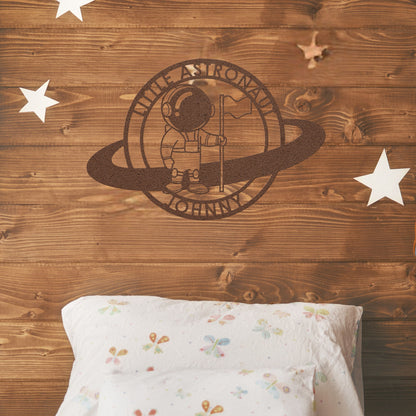 Little Astronaut with Flag Metal Sign