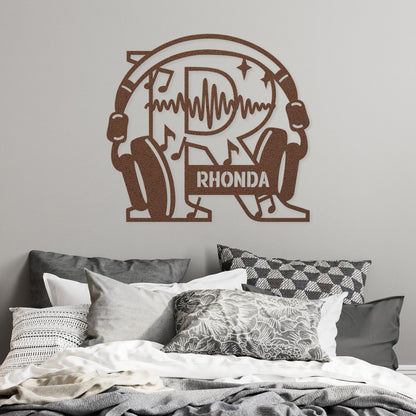 Personalized Headphones Monogram Letter R - Metal Sign