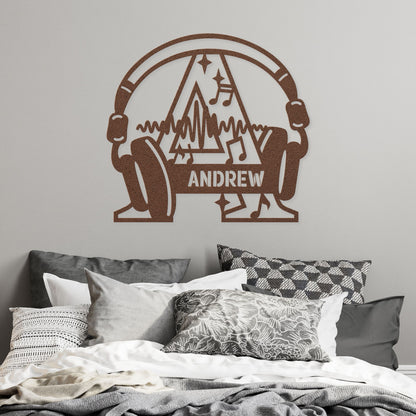 Personalized Headphones Monogram Letter A - Metal Sign