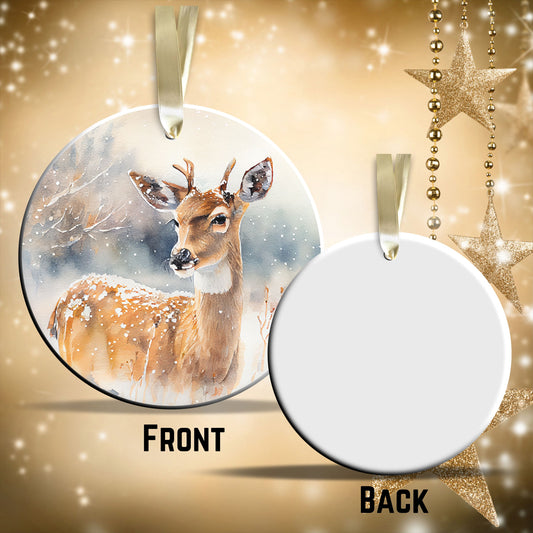 Deer in Winter Forest Ceramic Ornament 38-01