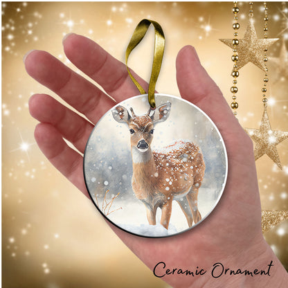 Deer in Winter Forest Ceramic Ornament 38-03
