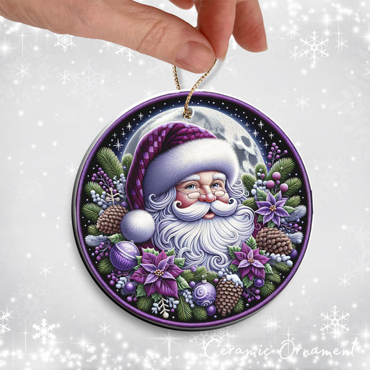 Embroidered Purple Santa Ceramic Ornament SET 102-03
