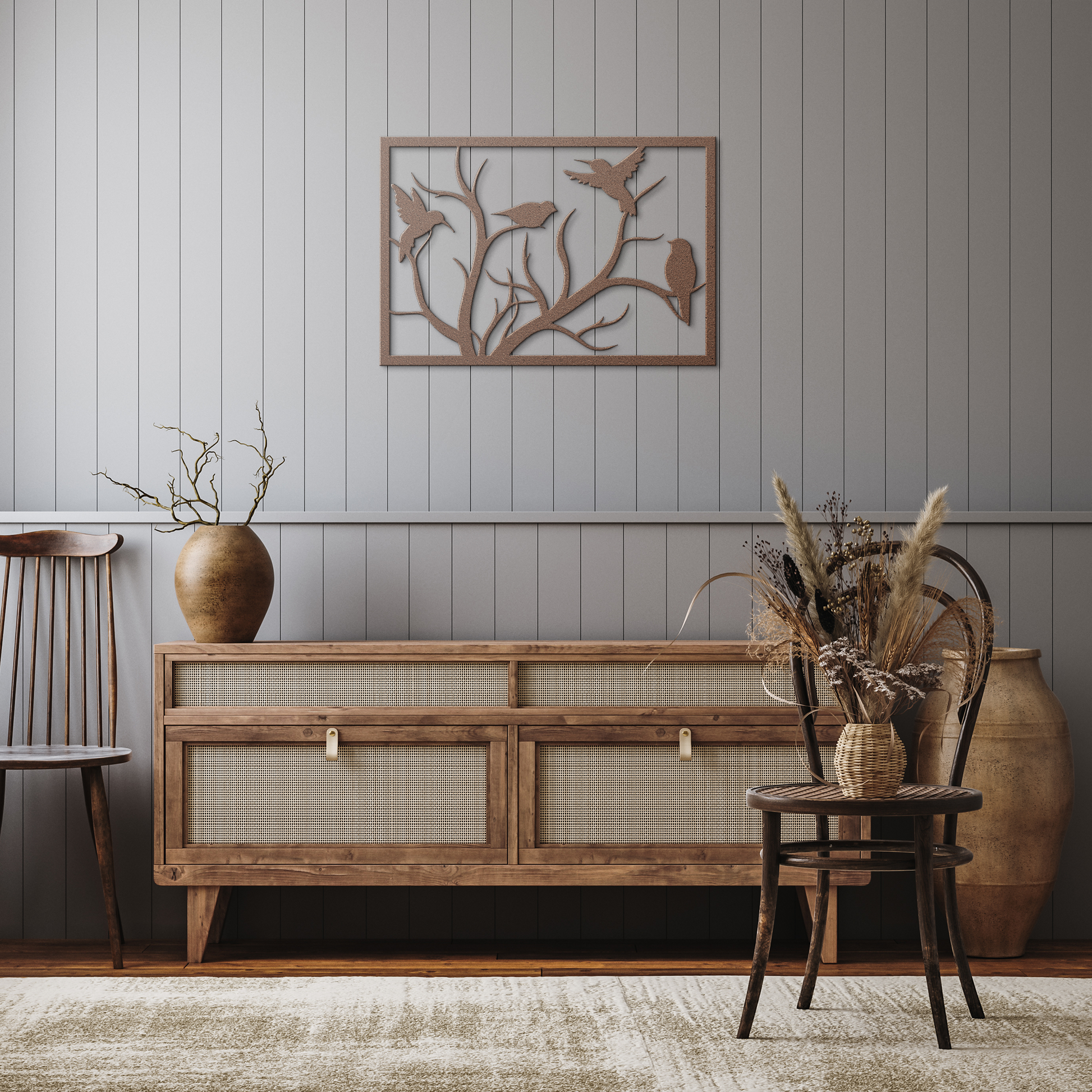 Framed_Bird_Metal_Decor_Copper_Rustic_Hallway_Mockup.png