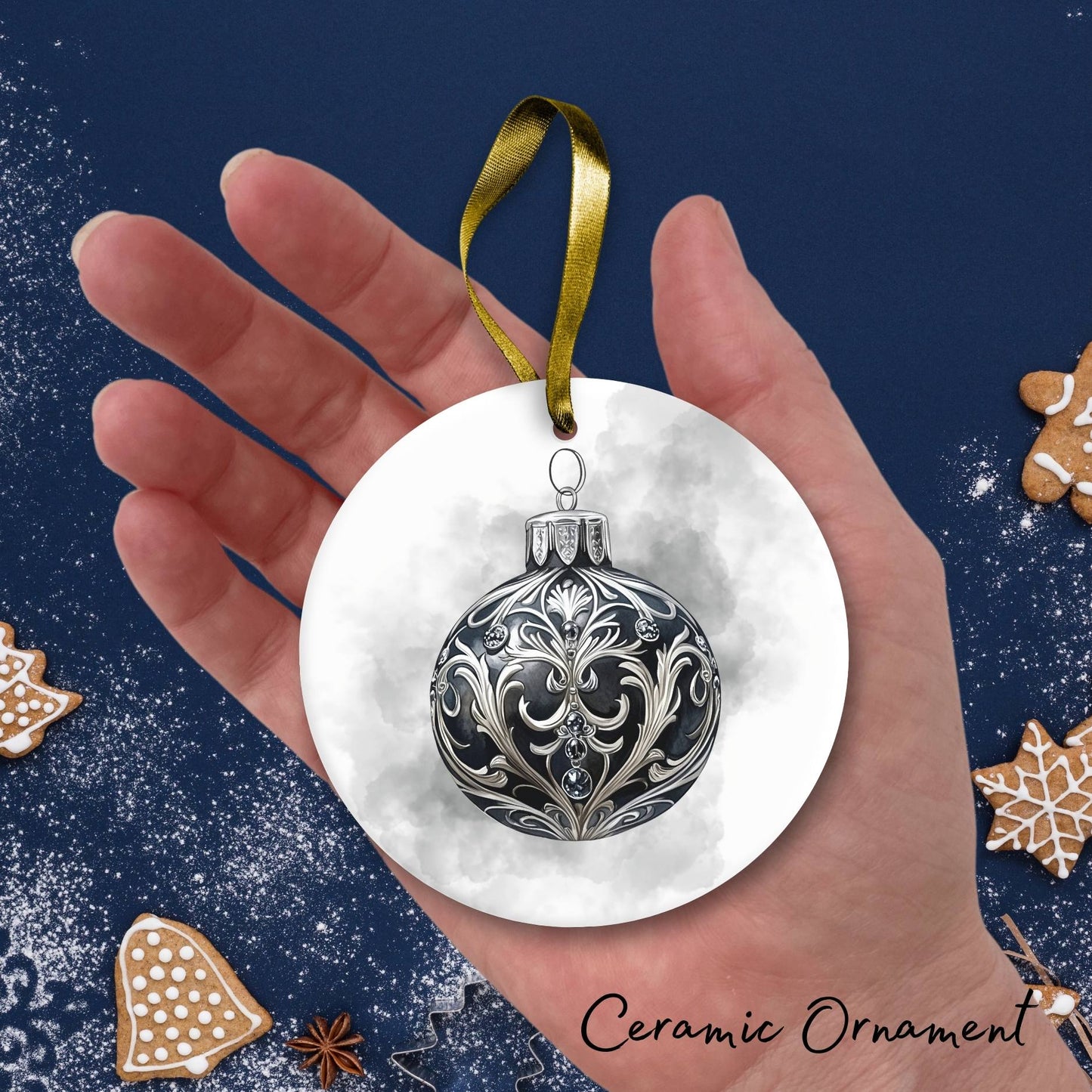 Gothic Christmas Decor Monochrome Black and White Ceramic Ornament 65-12