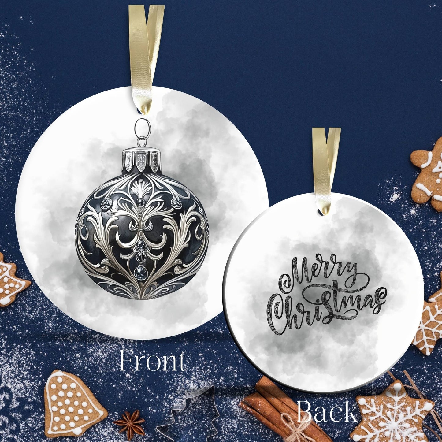 Gothic Christmas Decor Monochrome Black and White Ceramic Ornament 65-12