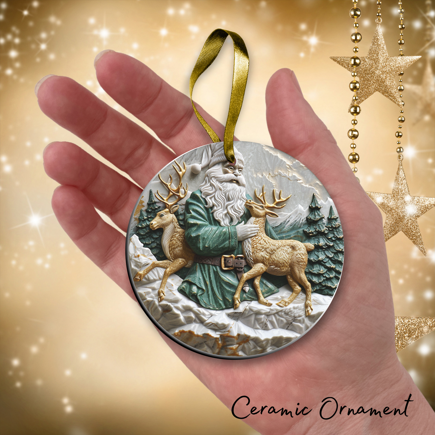 Christmas Santa with Deer Ceramic Ornament 34-24