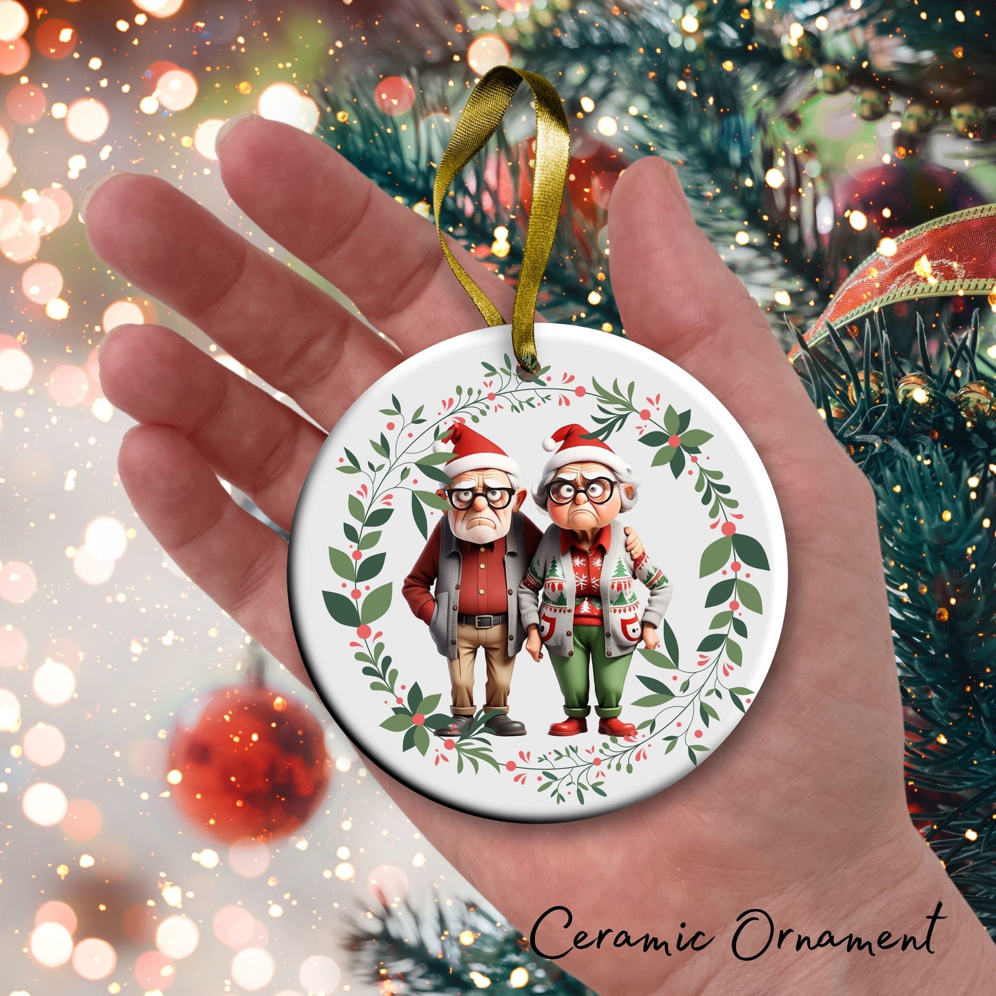 Grumpy Christmas Grandparents Ceramic Ornament 52-03